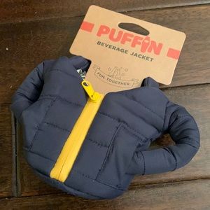 Puffin Beverage Jacket Navy with Yellow Zip Koozie